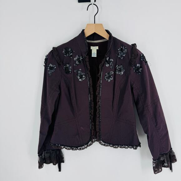 Anthropologie Odille Sequin Embellished Plum Lace Trim Jacket Size 6 - Picture 2 of 4